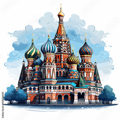 Saint Basil's Cathedral hand-drawn comic illustration. Cathedral of Vasily the Blessed. Vector doodle style cartoon illustration