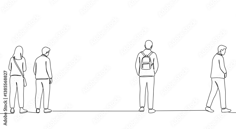 People standing in line, observing surroundings, minimalistic style