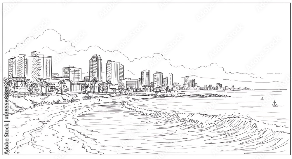 Obraz premium Coastal Sketch: Daybreak's Embrace AI Generated