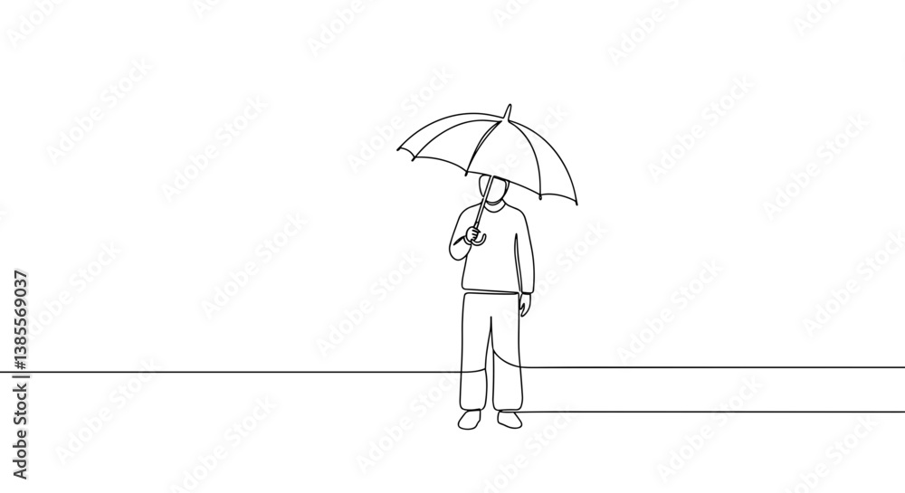 Minimalist line drawing of a person holding an umbrella