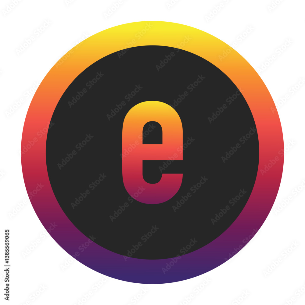 Abstract Lowercase Letter e Displaying a Vibrant Spectrum of Warm to Cool Gradient Colors Encased in a Smooth Dark Circular Frame Abstract Lowercase Letter e Displaying a Vibrant Spectrum of Warm to Cool Gradient Colors Encased in a Smooth Dark Circular Frame