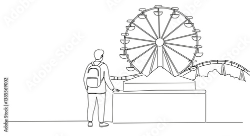 Person admiring Ferris wheel in minimalistic outline style  