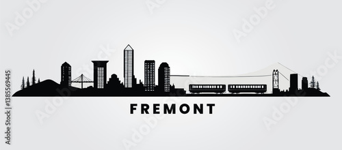 Fremont skyline silhouette on a white background, incorporating Mission Peak, Niles Canyon Railway, and city skyline.