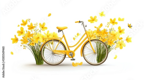 Yellow bicycle with yellow spring flowers on white background. Spring is here. Illustration