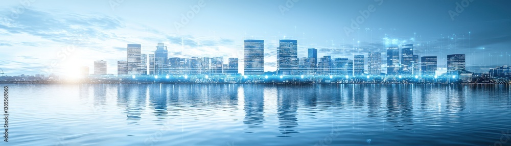 Fototapeta premium Modern city skyline at dusk with reflections in water, illuminated by lights, showcasing a blend of technology and nature