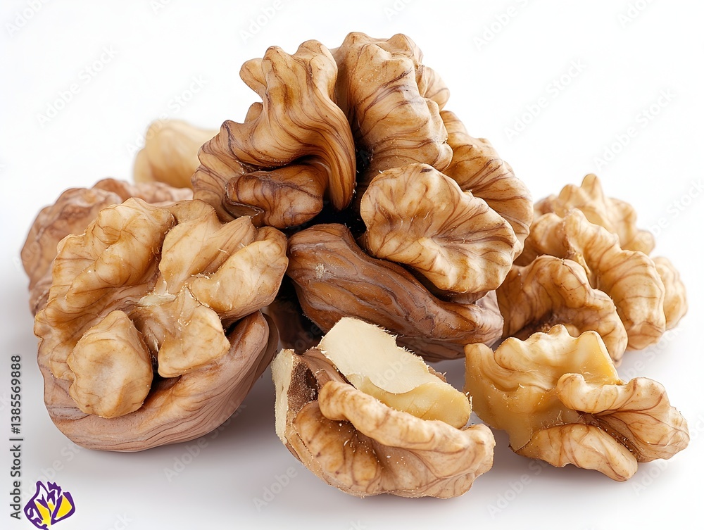 A close-up shot reveals a cluster of walnuts in their s some cracked open showcasing the creamy inner kernels against a stark white background. A close-up shot reveals a cluster of walnuts in their s some cracked open showcasing the creamy inner kernels against a stark white background.