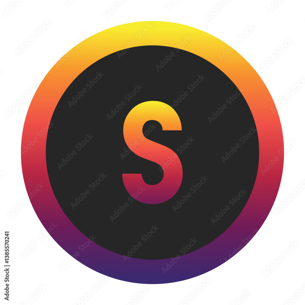 Abstract Lowercase Letter s Displaying a Vibrant Spectrum of Warm to Cool Gradient Colors Encased in a Smooth Dark Circular Frame Abstract Lowercase Letter s Displaying a Vibrant Spectrum of Warm to Cool Gradient Colors Encased in a Smooth Dark Circular Frame