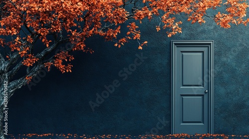 A silver door contrasts a navy blue tree. Fall mood on a navy blue background with copy space.