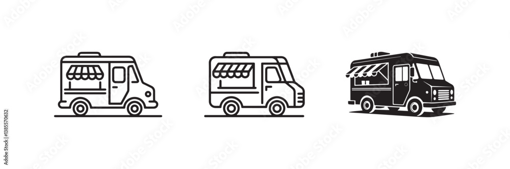 Minimalist Food Truck Icon Set Black and White Mobile Street Food Van Minimalist Food Truck Icon Set Black and White Mobile Street Food Van