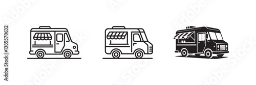 Minimalist Food Truck Icon Set Black and White Mobile Street Food Van
