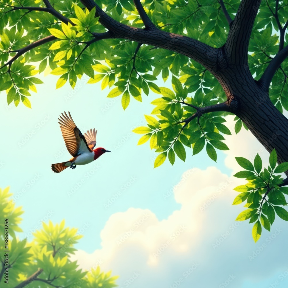 Bird flying under tree canopy, canopy, flight Bird flying under tree canopy, canopy, flight
