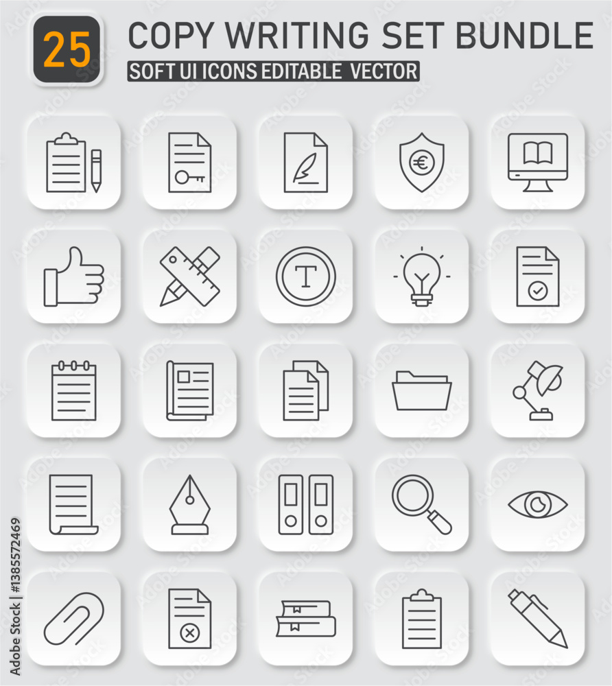 Elegant neomorphism style vector icon set featuring copy writing elements bundle Elegant neomorphism style vector icon set featuring copy writing elements bundle