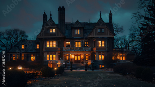 Night Mansion: Dark Victorian House Exterior Photography