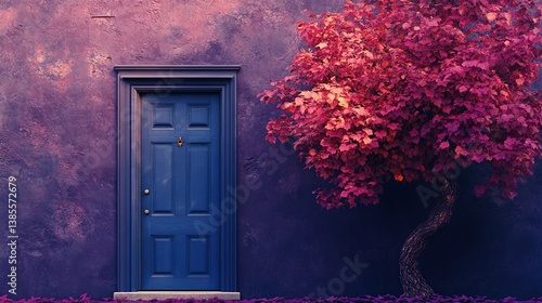 Autumn is here. A blue door contrasts a purple tree. Fall vibes on a purple background with copy space.