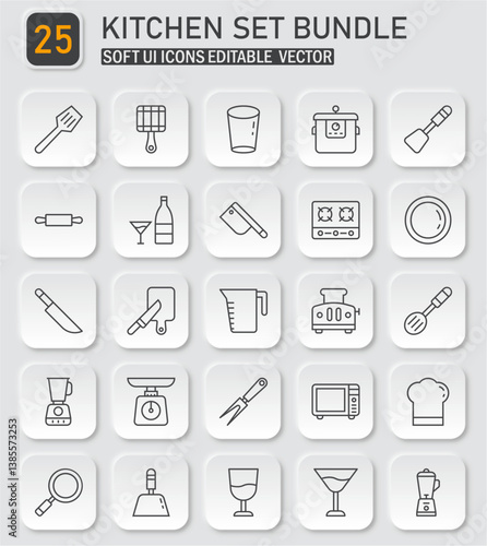 Essential kitchen utensils and appliances collection in modern neumorphic icon style
