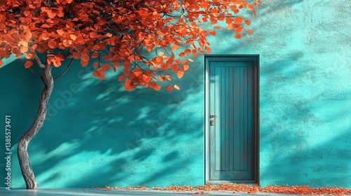 Autumn unfolds. A turquoise door under a silver tree reflects change. Fall mood on a turquoise background with copy space.