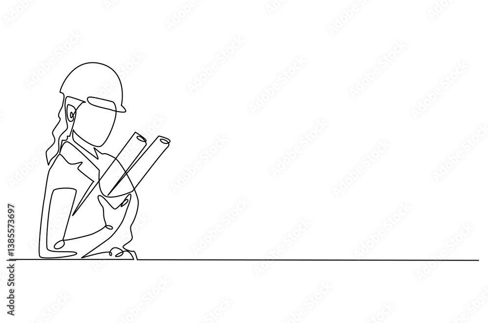 Obraz premium Continuous one line drawing of female architect holding blueprint paper. Single line drawing illustration of woman construction worker. Work profession concept vector art. Doodle line illustration.