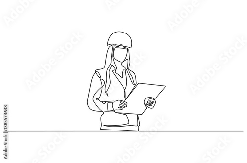 Continuous one line drawing of female architect holding blueprint paper. Single line drawing illustration of woman construction worker. Work profession concept vector art. Doodle line illustration.