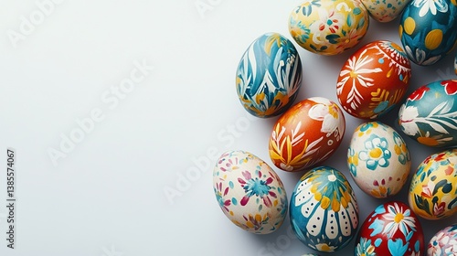 Beautiful painted Easter eggs on white background with copy space.