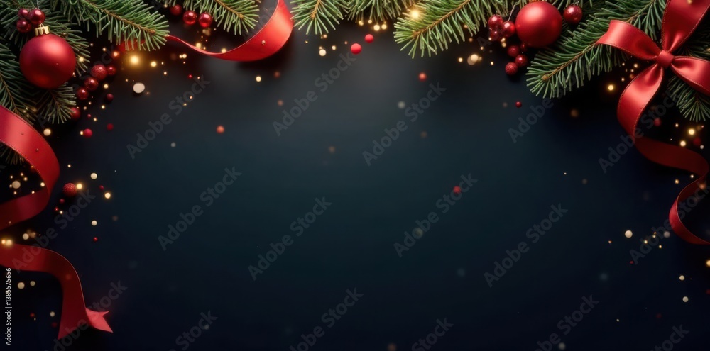 Black background with Christmas greeting banner and swirl ribbons, Christmas greetings, starry evening scene, swirl patterned ribbon Black background with Christmas greeting banner and swirl ribbons, Christmas greetings, starry evening scene, swirl patterned ribbon
