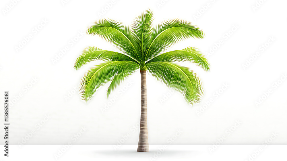Fototapeta premium vibrant palm tree with lush green fronds stands tall against clean white background, evoking sense of tropical paradise