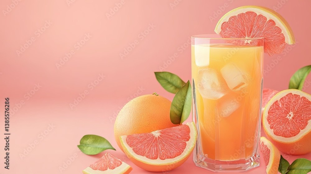 Cold summer juice from grapefruit in glass on pink background with copy space. Illustration AI Cold summer juice from grapefruit in glass on pink background with copy space. Illustration AI