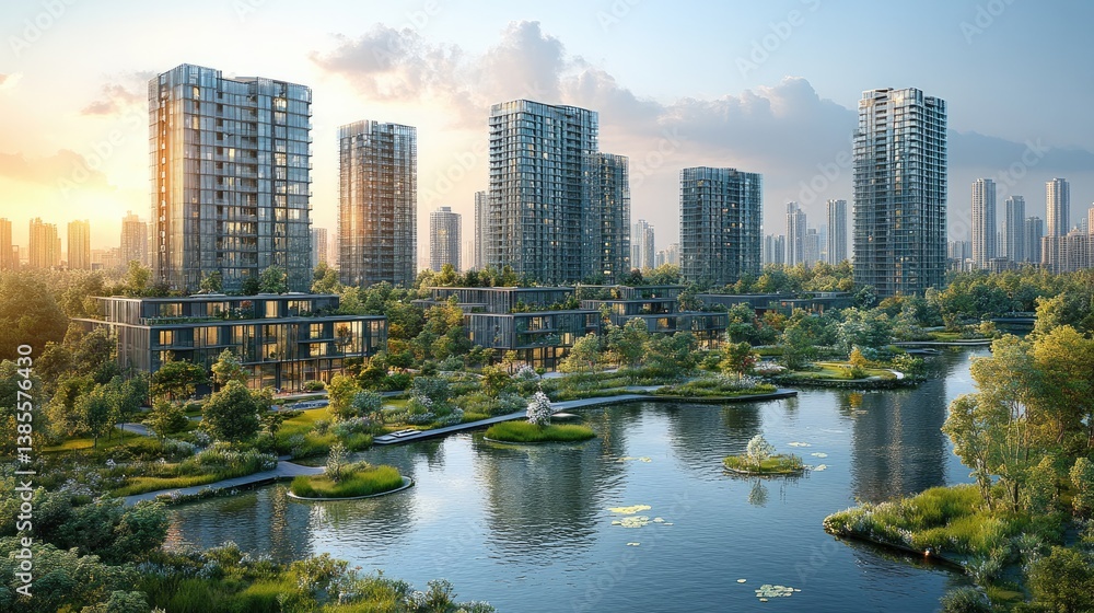 Fototapeta premium Urban Oasis: A serene cityscape with modern skyscrapers rising amidst a lush green parkland. The buildings are reflected in a tranquil lake, showcasing a harmonious blend of nature and urban design.