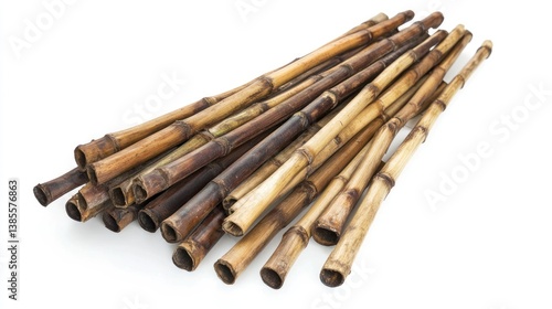 Pile of brown bamboo stalks isolated on white background.