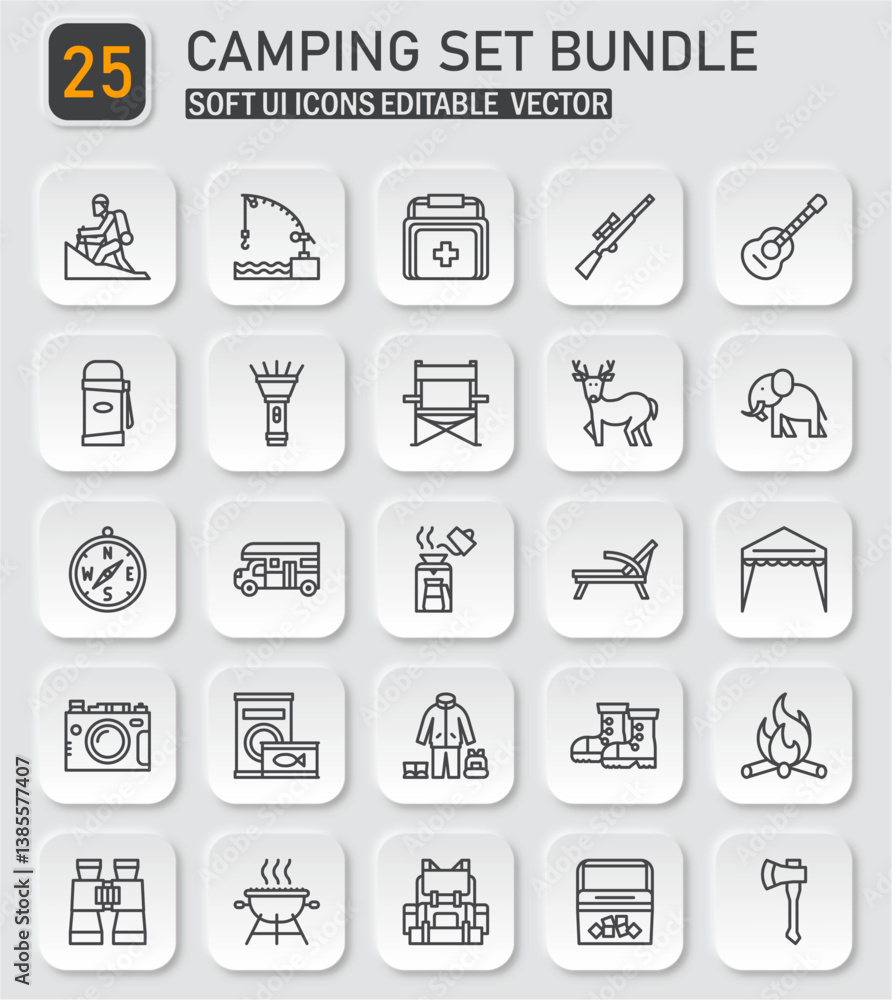 Comprehensive Camping Adventure Icon Collection for Outdoor Enthusiasts, editable vector Comprehensive Camping Adventure Icon Collection for Outdoor Enthusiasts, editable vector
