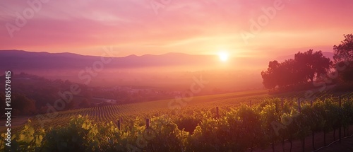 Stunning hot air balloon ride over Napa Valley, California, sweeping views of lush vineyards, soft pink and orange sky, early morning glow, ultradetailed, 8K