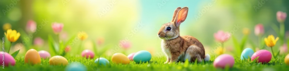 Fototapeta premium Colorful Easter bunny ears sitting on a field of flowers with eggs and greenery around them, bunny ears, meadow