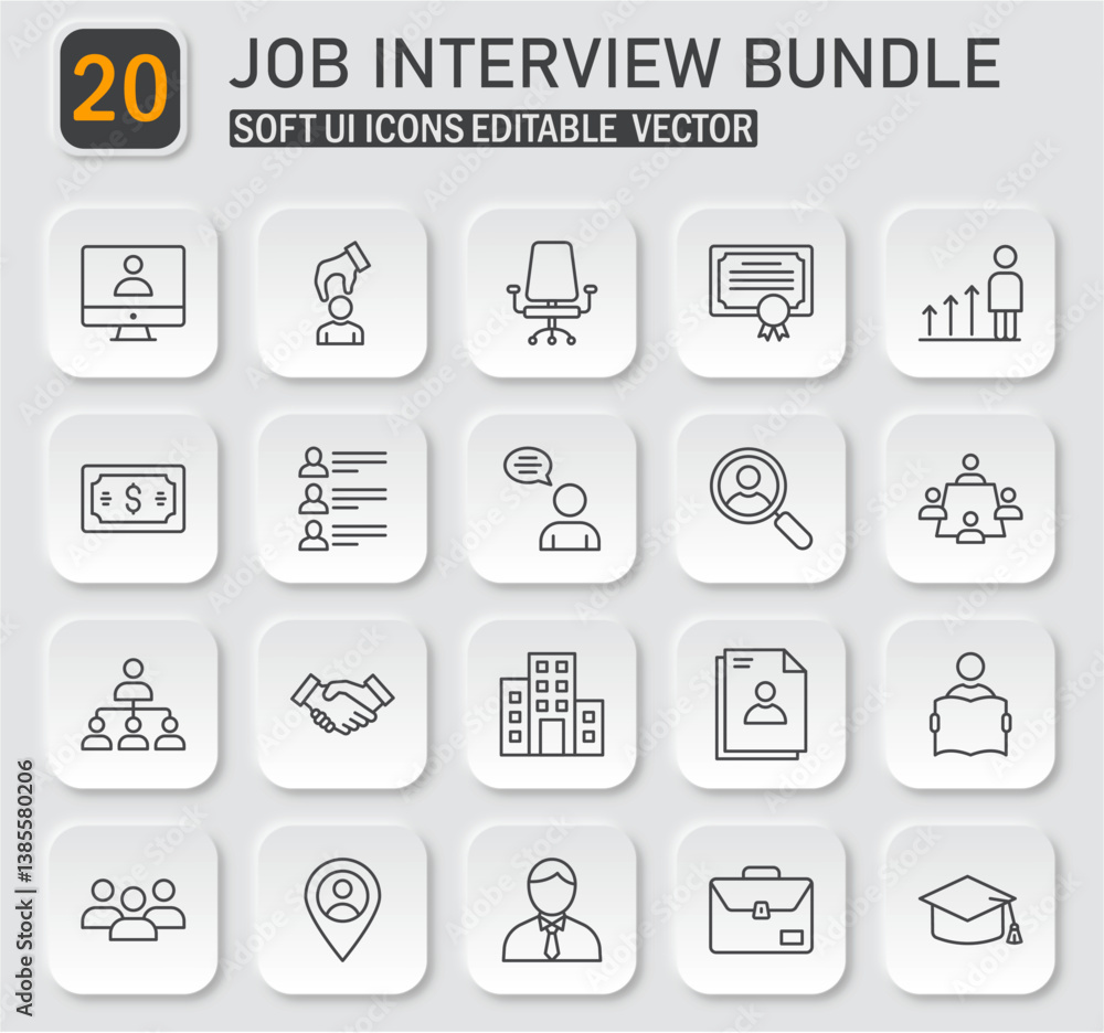 Soft UI Style Job Interview Icon Set: Professional Recruitment and Career Growth Soft UI Style Job Interview Icon Set: Professional Recruitment and Career Growth