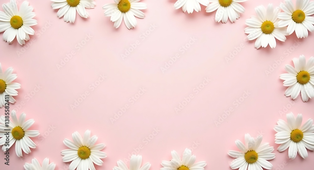 Flat lay of white daisy-like flowers with yellow centers on a pastel pink background, arranged symmetrically for a serene and elegant composition. Flat lay of white daisy-like flowers with yellow centers on a pastel pink background, arranged symmetrically for a serene and elegant composition.
