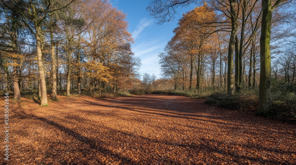 Naklejka premium A colorful autumn forest with golden leaves on the ground and bright blue skies overhead. The vibrant foliage offers ample space for copy.