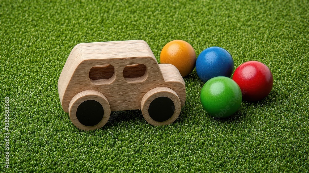Naklejka premium Wooden Toy Car and Colorful Balls on Green Grass Surface