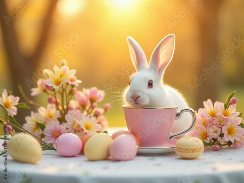 A charming outdoor Easter brunch scene with a white rabbit