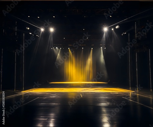 Elegant Stage with Yellow Curtain Lights and Dramatic Spotlights in Dark Theater Entertainment show Stage