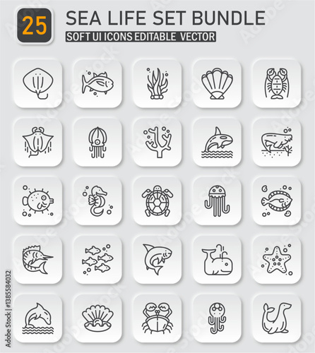 Underwater kingdom: Collection of editable icons portraying diverse marine life