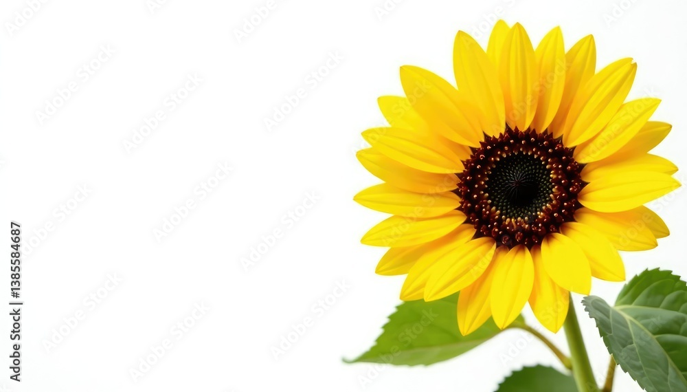 Fototapeta premium Bright yellow sunflower against pure white backdrop, brilliant, special