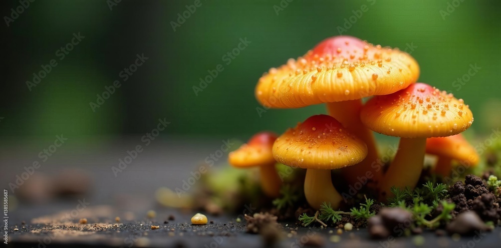 Obraz premium Close-up of vibrant cordyceps militaris mushrooms on a wooden surface, cordyceps militaris, top view, surface