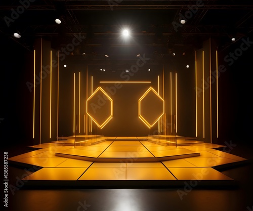 Futuristic Yellow Stage with Geometric LED Lights and Modern Set Design Entertainment show Stage