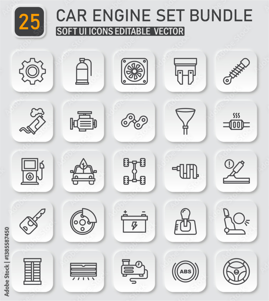 Automotive Engineering Vector Icon Collection: Car Engine Components and Maintenance Automotive Engineering Vector Icon Collection: Car Engine Components and Maintenance
