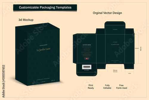 Box packaging die cut template design. 3d mock-up labels,icon,frames, for packaging,design of luxury products. for perfume, soap, wine, lotion.Made with golden foil.Isolated on brown background. vecto