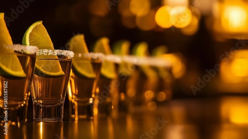 Tequila shots with lime garnish in a festive bar setting  