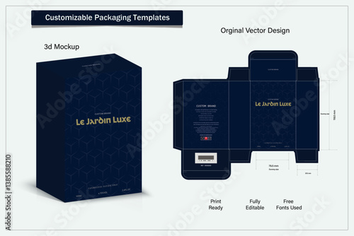 Box packaging die cut template design. 3d mock-up labels,icon,frames, for packaging,design of luxury products. for perfume, soap, wine, lotion.Made with golden foil.Isolated on brown background. vecto