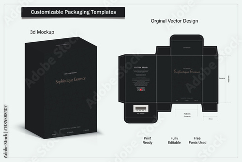 Box packaging die cut template design. 3d mock-up labels,icon,frames, for packaging,design of luxury products. for perfume, soap, wine, lotion.Made with golden foil.Isolated on brown background. vecto
