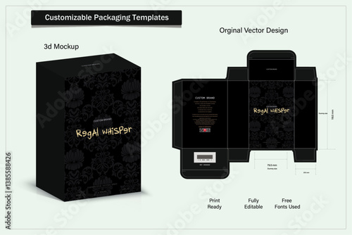 Box design Product box die cut with 3d mock up of luxury products for perfume.