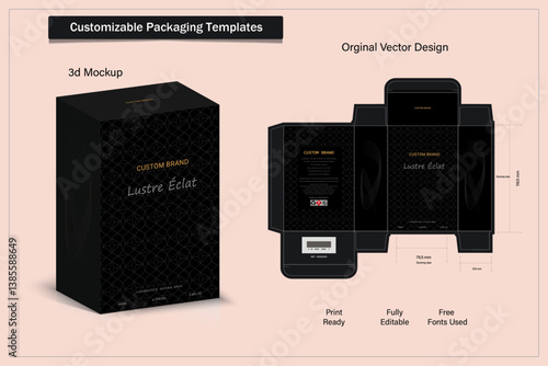 Box packaging die cut template design. 3d mock-up labels,icon,frames, for packaging,design of luxury products. for perfume, soap, wine, lotion.Made with golden foil.Isolated on brown background. vecto