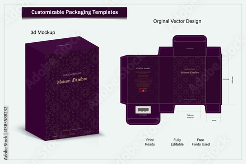 Box packaging die cut template design. 3d mock-up labels,icon,frames, for packaging,design of luxury products. for perfume, soap, wine, lotion.Made with golden foil.Isolated on brown background. vecto