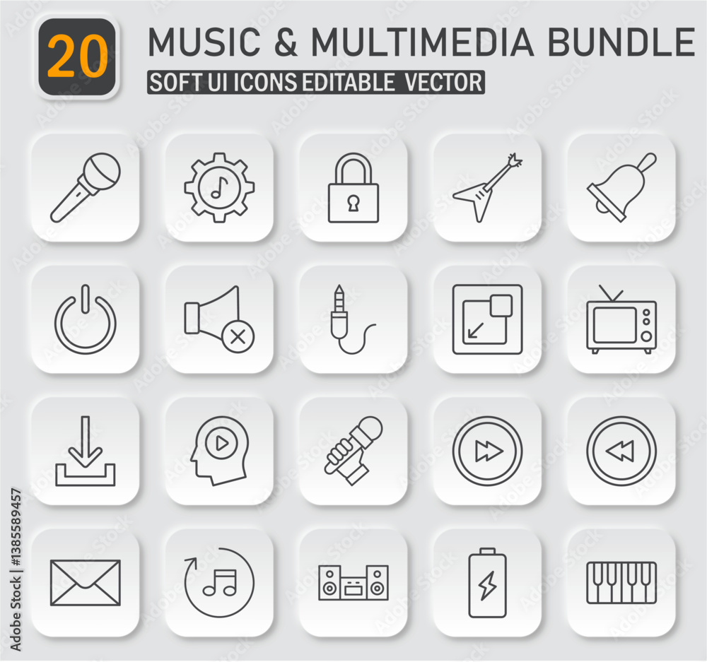 Neumorphic Music and Multimedia Interface Icon Set: Editable Vector Collection Neumorphic Music and Multimedia Interface Icon Set: Editable Vector Collection